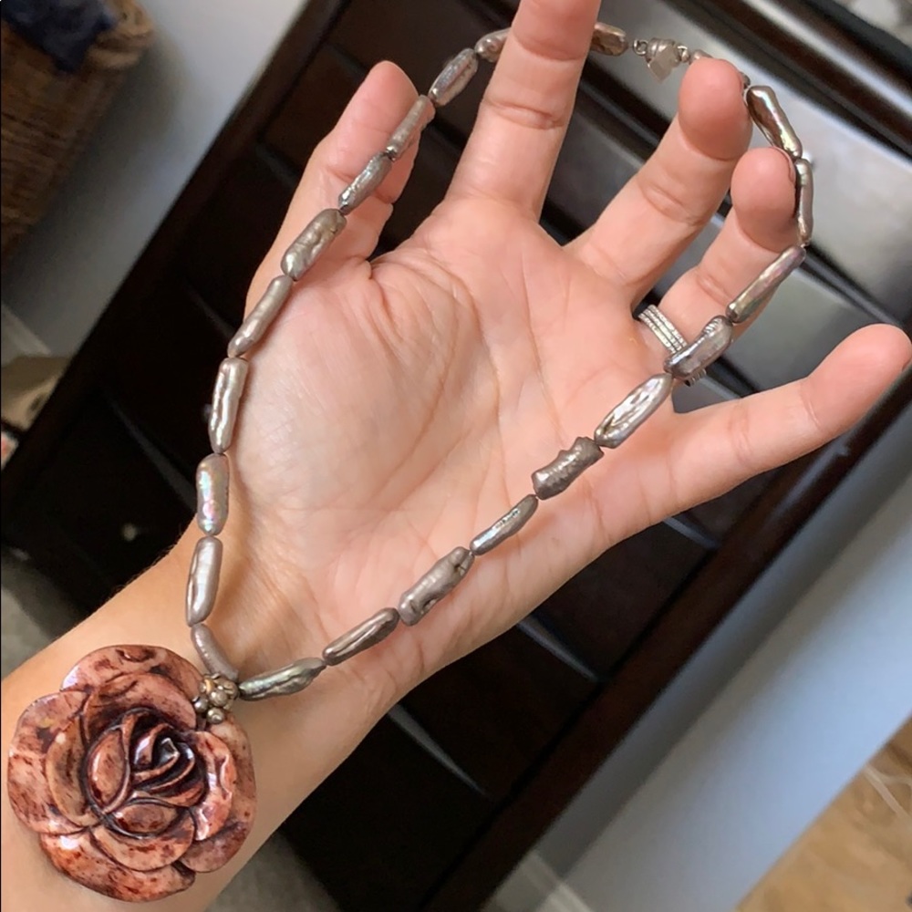 Fresh water pearl and hand carved wood necklace